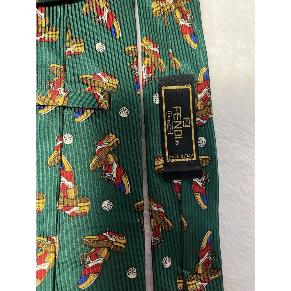 Fendi Cravatte Mens Green 100% Silk Golf Shoes Pattern Italian Designer Neck Tie - Picture 5 of 6